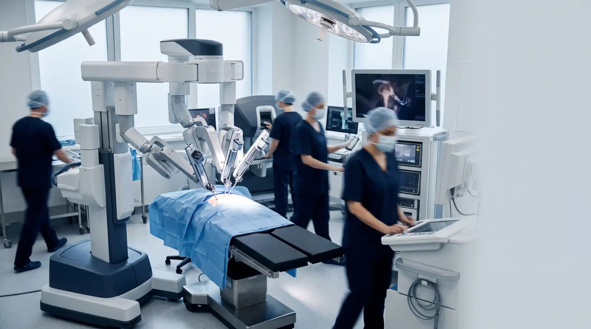 Sala de cirurgia com plataforma de cirurgia robótica (imagem ilustrativa)